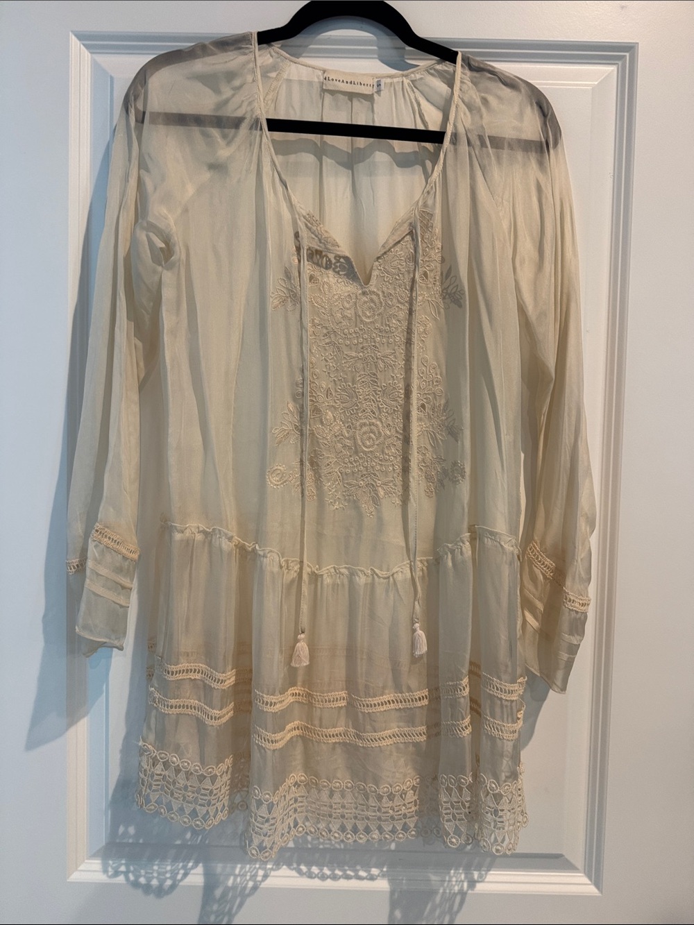 Women's Cream Embroidered Boho Blouse Tunic with Tassel Tie